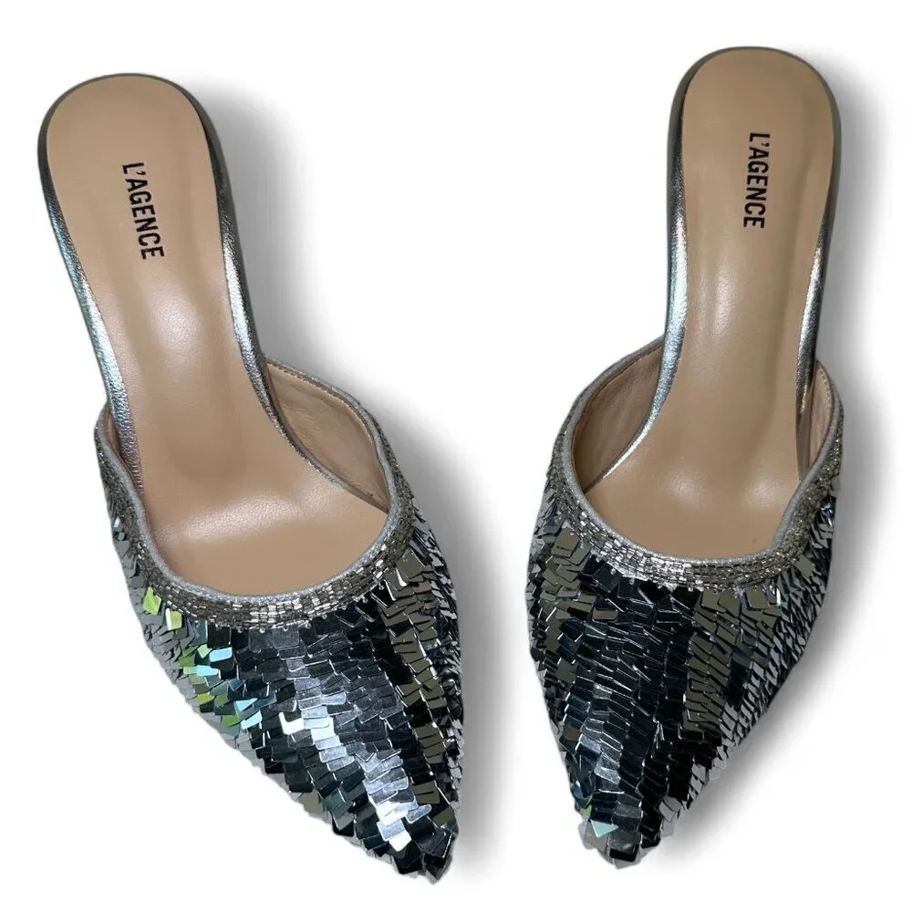 L' Agence Women's Backless Juliette Sequin Mule Heel - Silver (Size 6)